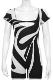 Black Sexy Stripe Hollow Out Patchwork U Neck Skinny Rompers
