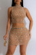 Apricot Sexy See-Through Hot Drill Patchwork Half A Turtleneck Sleeveless Two Pieces