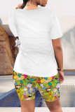 Blue Casual Daily Cartoon Print O Neck Short Sleeve Two Pieces