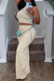 Apricot Casual Print Basic O Neck Sleeveless Two Pieces