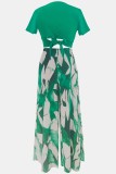 Green Casual Print Lace Up V Neck Short Sleeve Two Pieces