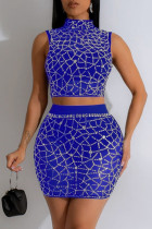 Blue Sexy See-Through Hot Drill Patchwork Half A Turtleneck Sleeveless Two Pieces