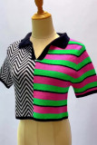 Khaki Casual Stripe Patchwork V Neck T-Shirts