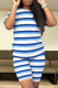 Dark Blue Casual Stripe Patchwork O Neck Short Sleeve Two Pieces