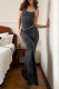 Black Celebrities Solid Color Backless Spaghetti Strap Sling Dresses