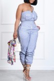 Blue Sexy Casual Striped Print Pocket Backless Strapless Bodycon Jumpsuits