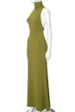 Green Celebrities Solid Color Patchwork Half A Turtleneck Long Dresses