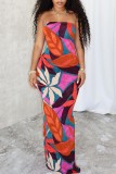 Multicolor Sexy Casual Leaf Print Backless Strapless Long Dresses