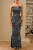 Black Celebrities Solid Color Backless Spaghetti Strap Sling Dresses