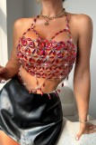 Red Sexy Patchwork Hollow Out Chains Backless Halter Tops