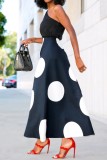 White Green Casual Polka Dot Print Patchwork Oblique Collar Dresses
