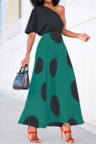 Black Green Casual Polka Dot Print Patchwork Oblique Collar Dresses