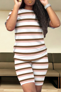 Brown Casual Stripe Patchwork O Neck Short Sleeve Two Pieces