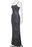 Black Celebrities Solid Color Backless Spaghetti Strap Sling Dresses
