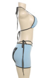 Blue Sexy Letter Print Lace Up Backless 3 Piece Sets