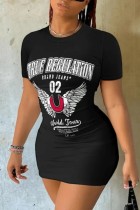Black Casual Letter Print Basic O Neck Short Sleeve Short Sleeve Dress