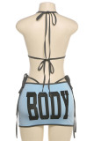 Blue Sexy Letter Print Lace Up Backless 3 Piece Sets