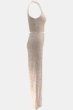 Apricot Casual Print Basic O Neck Sleeveless Two Pieces