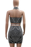Black Casual Hollow Out Hot Drill Patchwork Half A Turtleneck Wrapped Skirt Dresses