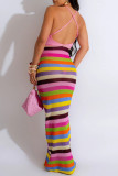 Brown Celebrities Colorblock Backless Strap Design Patchwork Spaghetti Strap Sling Dresses