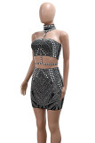 Black Casual Hollow Out Hot Drill Patchwork Half A Turtleneck Wrapped Skirt Dresses