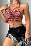 Red Sexy Patchwork Hollow Out Chains Backless Halter Tops