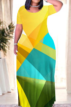 Green Yellow Casual Geometric Print Patchwork O Neck Straight Dresses