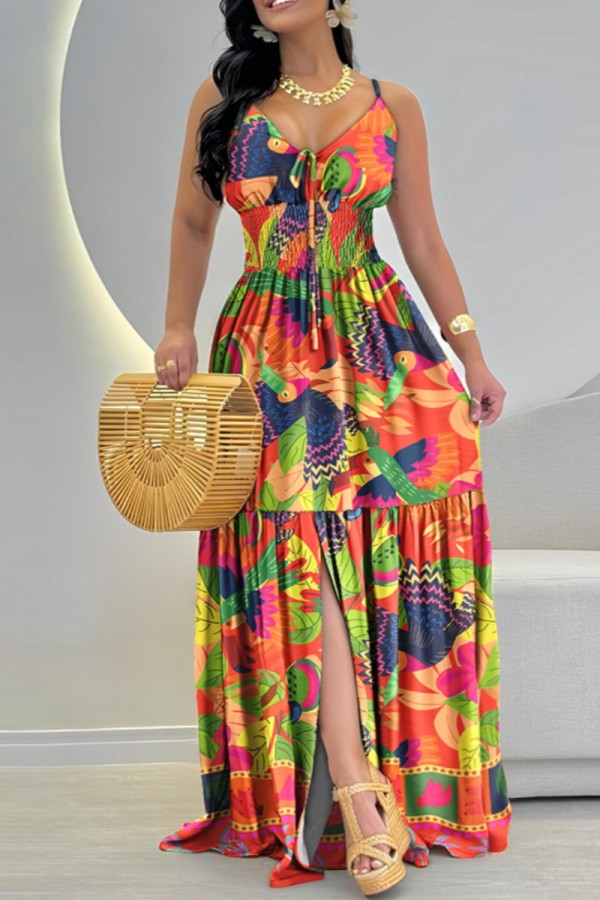 Multicolor Sexy Print Backless Slit Spaghetti Strap Long Dresses