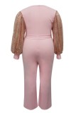 Pink Casual Patchwork Contrast V Neck Regular Jumpsuits