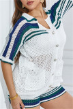White Casual Patchwork Hollow Out See-Through Contrast Turndown Collar Long Sleeve Two Pieces