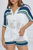 White Casual Patchwork Hollow Out See-Through Contrast Turndown Collar Long Sleeve Two Pieces