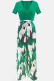 Green Casual Print Lace Up V Neck Short Sleeve Two Pieces