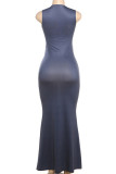Grey Street Print Hollow Out Patchwork O Neck Long Dresses