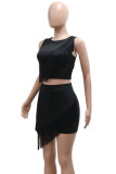 Black Casual Solid Color Fringed Trim Patchwork O Neck Sleeveless Two Pieces