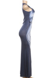 Grey Street Print Hollow Out Patchwork O Neck Long Dresses