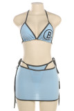Blue Sexy Letter Print Lace Up Backless 3 Piece Sets