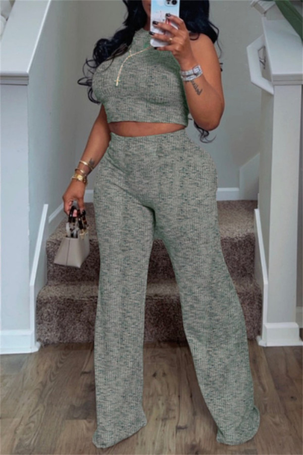 Green Casual Print Basic O Neck Sleeveless Two Pieces