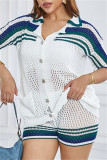 White Casual Patchwork Hollow Out See-Through Contrast Turndown Collar Long Sleeve Two Pieces