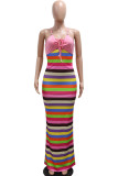 Brown Celebrities Colorblock Backless Strap Design Patchwork Spaghetti Strap Sling Dresses