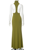 Green Celebrities Solid Color Patchwork Half A Turtleneck Long Dresses