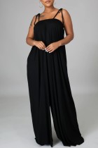Black Casual Solid Color Lace Up Backless Spaghetti Strap Loose Jumpsuits