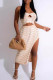 Camel Celebrities Stripe Hollow Out Backless High Slit Patchwork Strapless Sleeveless Two Pieces