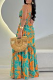 Multicolor Sexy Print Backless Slit Spaghetti Strap Long Dresses
