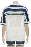 White Casual Patchwork Hollow Out See-Through Contrast Turndown Collar Long Sleeve Two Pieces
