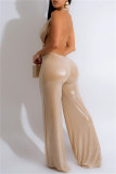 Khaki Sexy Solid Color Backless Halter Bodycon Jumpsuits