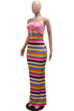 Brown Celebrities Colorblock Backless Strap Design Patchwork Spaghetti Strap Sling Dresses