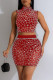Red Sexy See-Through Hot Drill Patchwork Half A Turtleneck Sleeveless Two Pieces