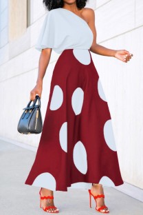 Red Casual Polka Dot Print Patchwork Oblique Collar Dresses