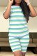 Turquoise Casual Stripe Patchwork O Neck Short Sleeve Two Pieces