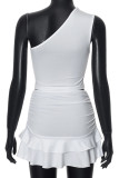 White Casual Solid Color Backless Ruched Patchwork Oblique Collar Sleeveless Two Pieces